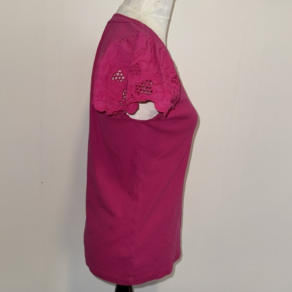 Loft Fuchsia Eyelet Short Sleeve Mixed Media V-Neck Top - Picture 4 of 11